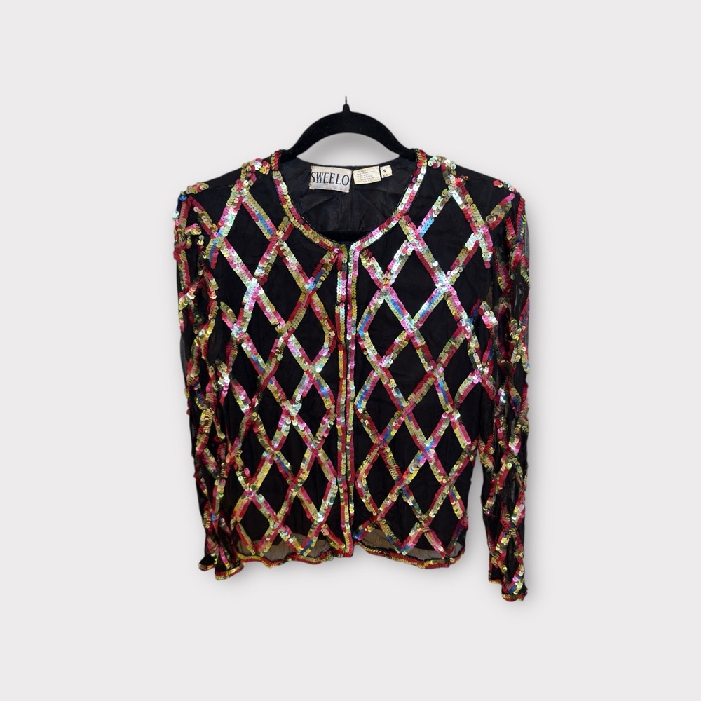 Vintage Sweelo Sequin Jacket Multicolor Diamond Pattern Party Top‎ S